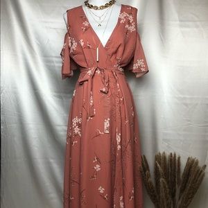 Apricot floral wrap maxi dress.